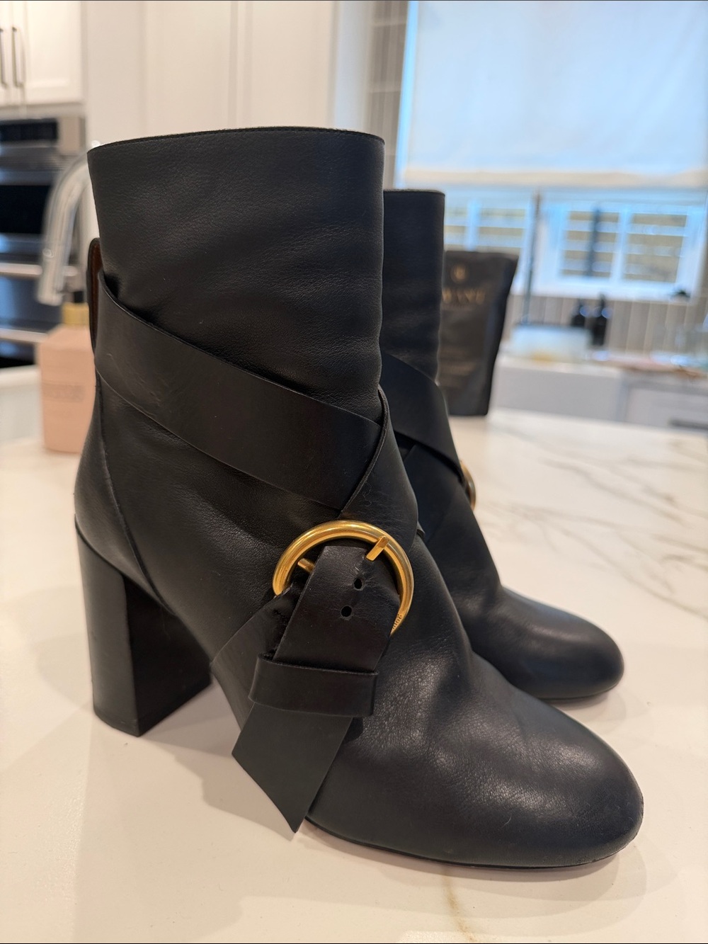 Chloé Black Leather Buckle Ankle Boots EU 39| Block Heel | Made in Italy
